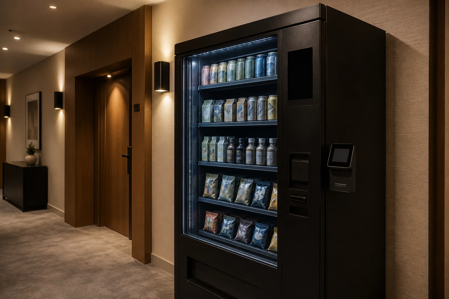 Varuautomat i en dunkelt upplyst hotellkorridor på kvällen, med en liten kortläsare för åldersverifiering på sidan