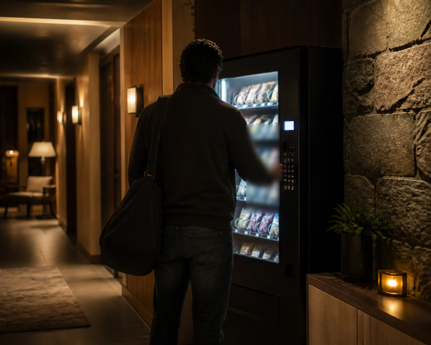 Gäst handlar i varuautomat sent på kvällen, sedd bakifrån i en dunkelt upplyst korridor