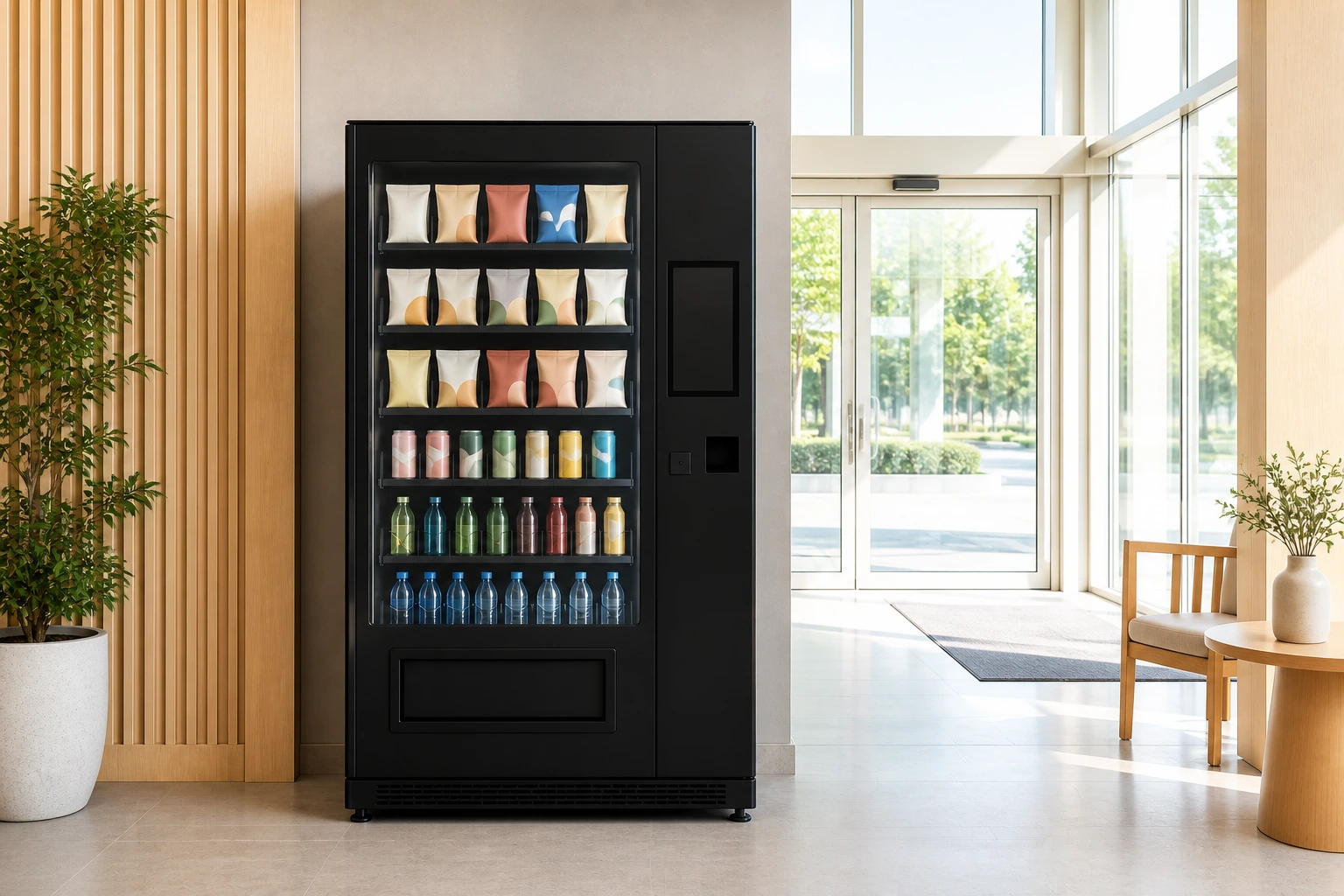 Fristående automat i en hotellentré, med glasdörrar och dagsljus i bakgrunden