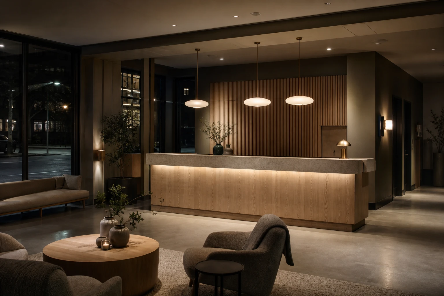 Hotellobby på kvällen med obemannad reception i svagt, varmt ljus