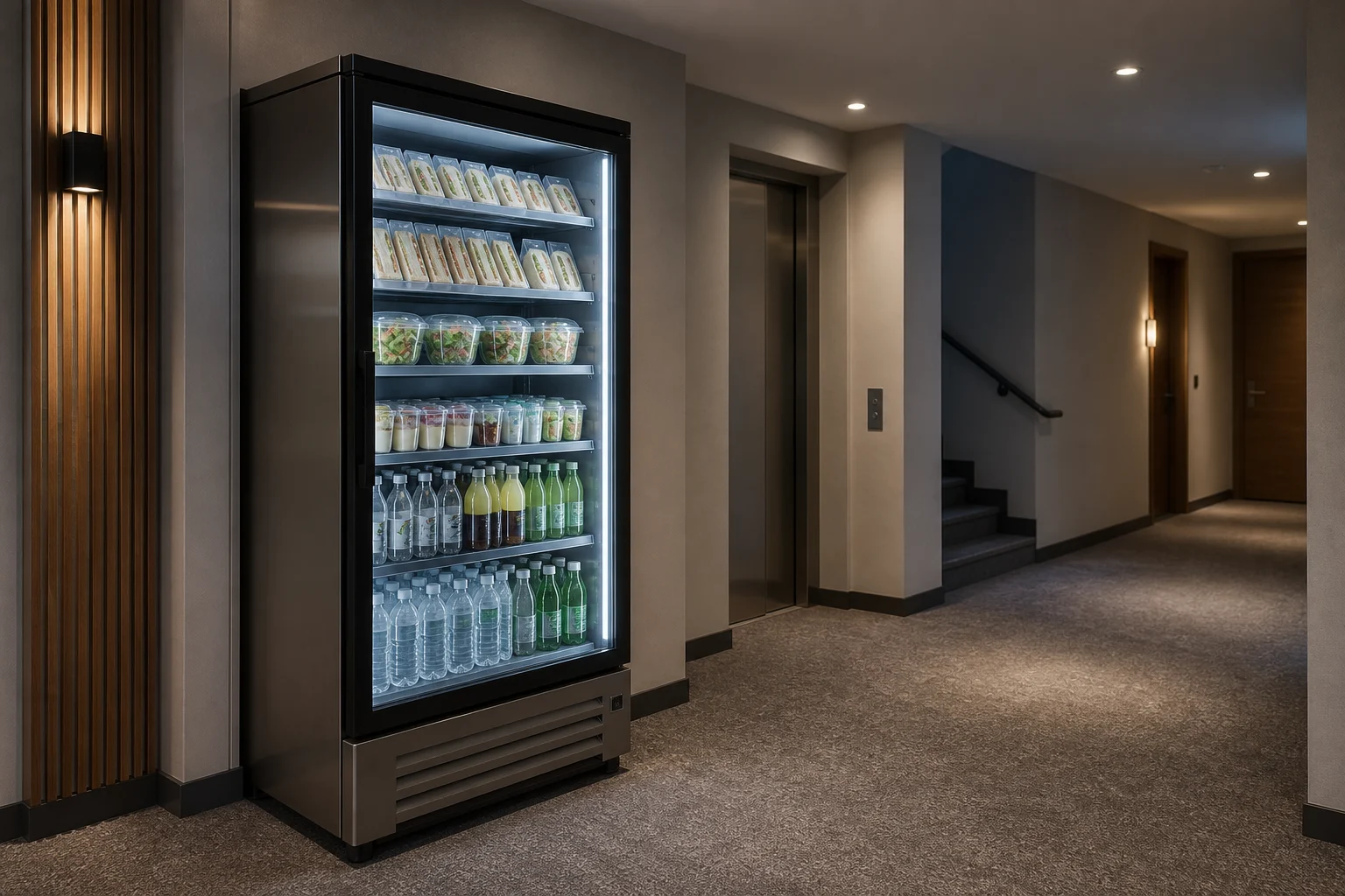 Kyld varuautomat med mat och dryck i hotellkorridor