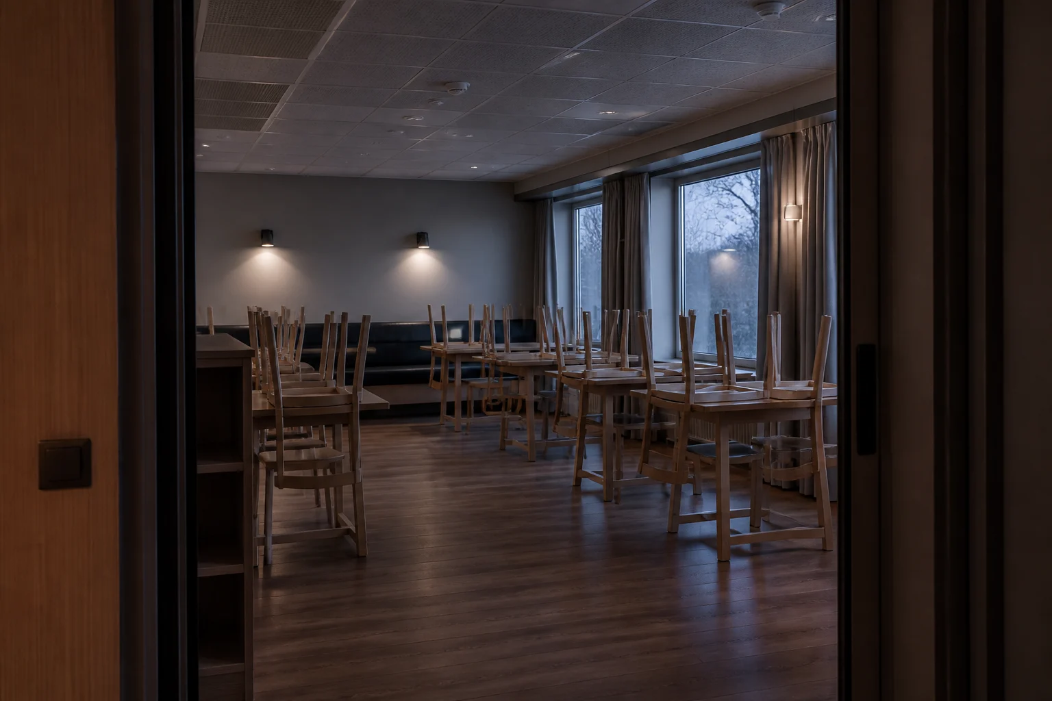 Vy in i en stängd frukostmatsal genom en dörröppning, med stolarna upplyfta på borden i det tidiga morgonljuset