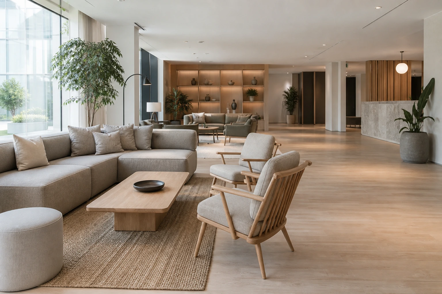 Tom hotellobby en förmiddag, med soffgrupp, fåtöljer och en reception synlig i bakgrunden