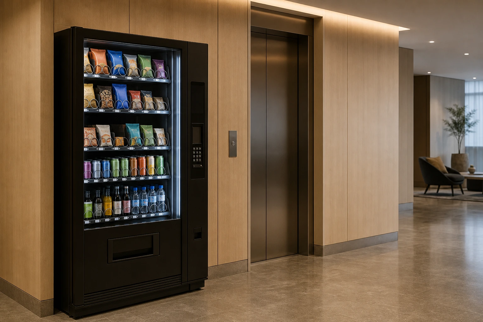 Varuautomat i korridor vid hisshall på hotell